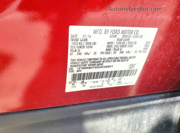 1FM5K8HT0GGC02931 2016 FORD EXPLORER Красный Вид наклейки с VIN-кодом