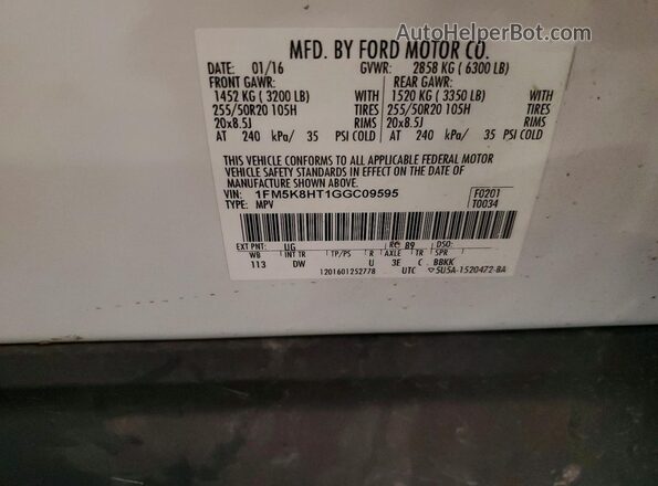 1FM5K8HT1GGC09595 2016 FORD EXPLORER White Vista de la etiqueta del VIN