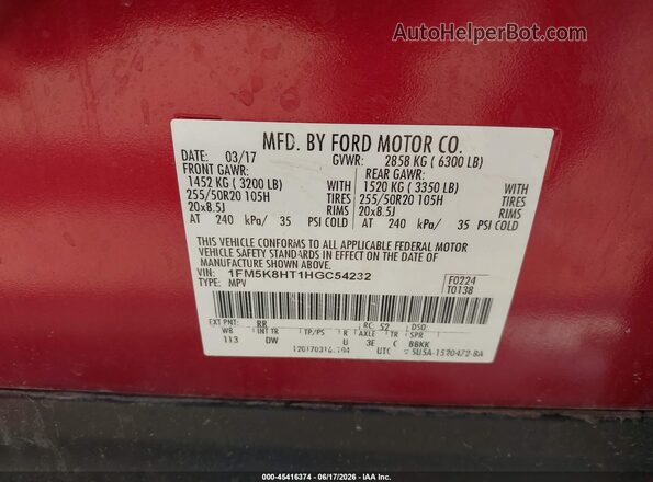 1FM5K8HT1HGC54232 2017 FORD EXPLORER Red Engine compartment view