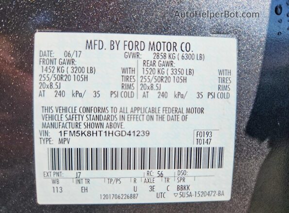 1FM5K8HT1HGD41239 2017 FORD EXPLORER Gray Vista interior de 360 grados
