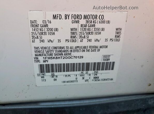 1FM5K8HT2GGC70129 2016 FORD EXPLORER White VIN կոդի պիտակի տեսք