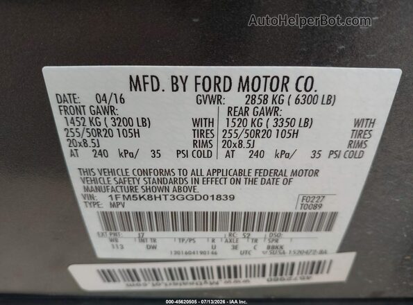 1FM5K8HT3GGD01839 2016 FORD EXPLORER Gray Vista del compartimento del motor