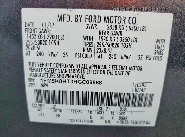 1FM5K8HT3HGC09888 2017 FORD EXPLORER Charcoal Widok naklejki z numerem VIN