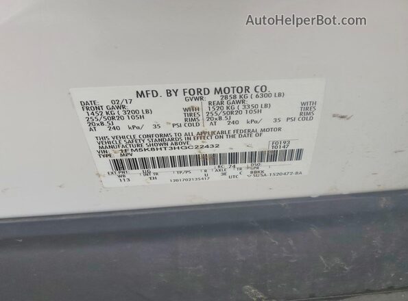 1FM5K8HT3HGC22432 2017 FORD EXPLORER Белый Вид наклейки с VIN-кодом