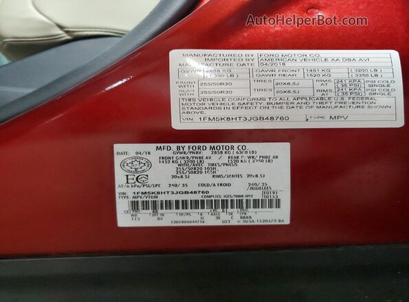 1FM5K8HT3JGB48760 2018 FORD EXPLORER Red Vista interior de 360 grados