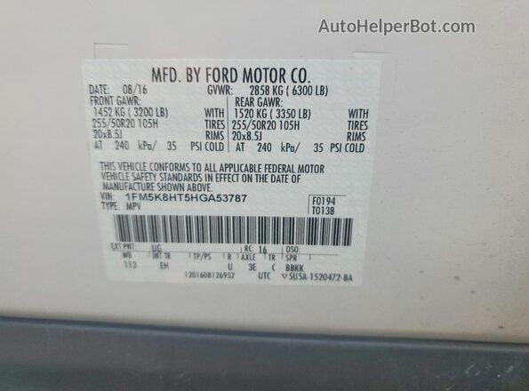 1FM5K8HT5HGA53787 2017 FORD EXPLORER White VIN կոդի պիտակի տեսք