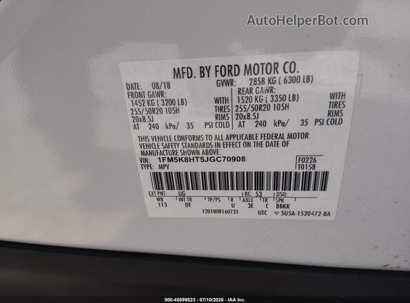 1FM5K8HT5JGC70908 2018 FORD EXPLORER White Вид підкапотного простору