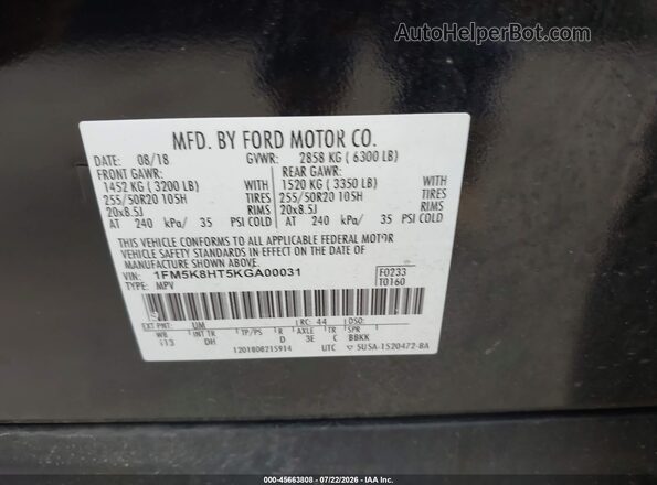 1FM5K8HT5KGA00031 2019 FORD EXPLORER Black ძრავის განყოფილების ხედი