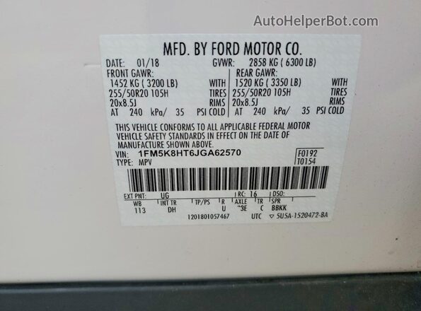 1FM5K8HT6JGA62570 2018 FORD EXPLORER White Вид наклейки з VIN-кодом