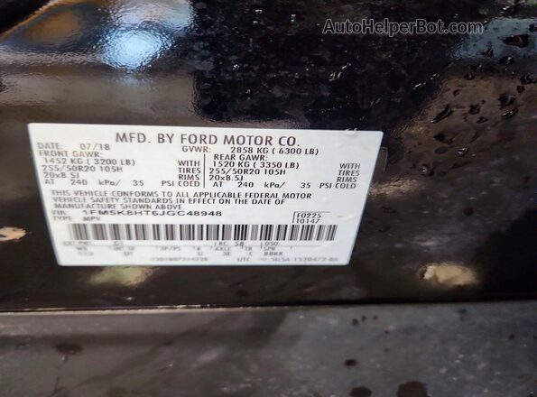 1FM5K8HT6JGC48948 2018 FORD EXPLORER Black Вид наклейки з VIN-кодом