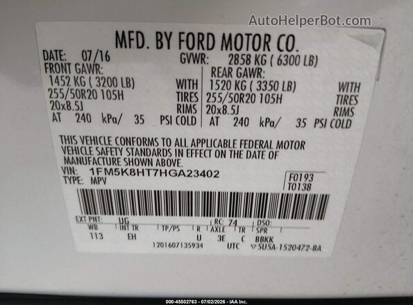 1FM5K8HT7HGA23402 2017 FORD EXPLORER Белый Вид подкапотного пространства