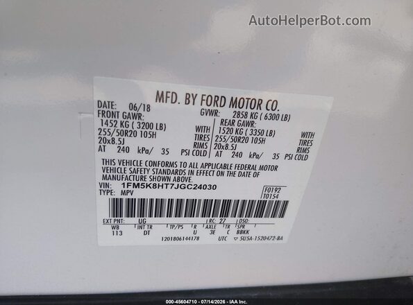 1FM5K8HT7JGC24030 2018 FORD EXPLORER White Engine compartment view