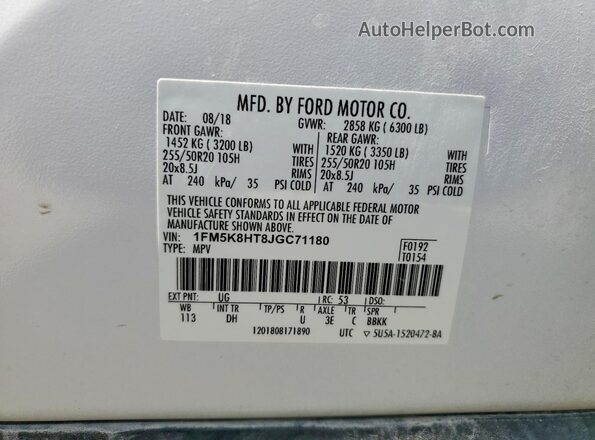 1FM5K8HT8JGC71180 2018 FORD EXPLORER White Widok naklejki z numerem VIN