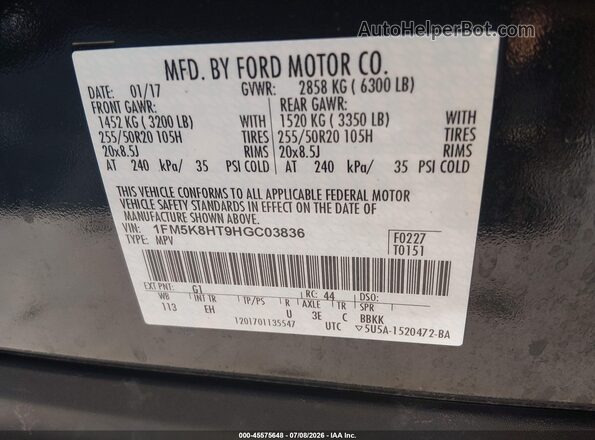 1FM5K8HT9HGC03836 2017 FORD EXPLORER Black ძრავის განყოფილების ხედი