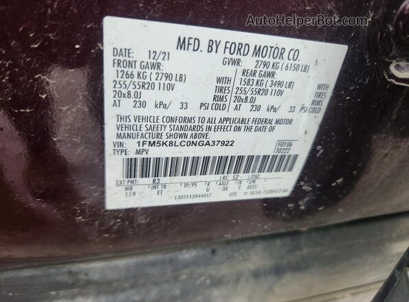 1FM5K8LC0NGA37922 2022 FORD EXPLORER Burgundy Панорамний вид салону 360°