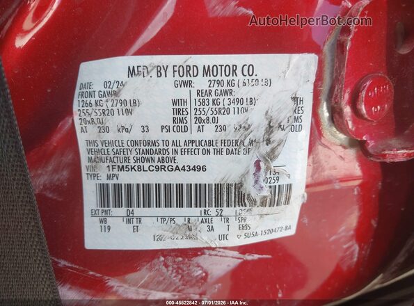 1FM5K8LC9RGA43496 2024 FORD EXPLORER Red Vista del compartimento del motor