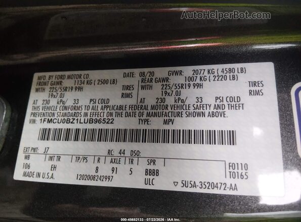 1FMCU0BZ1LUB96522 2020 FORD ESCAPE Gray Vista del compartimento del motor