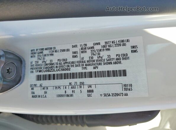 1FMCU0BZ2LUC56002 2020 FORD ESCAPE White Շարժիչի բաժամունքի տեսք
