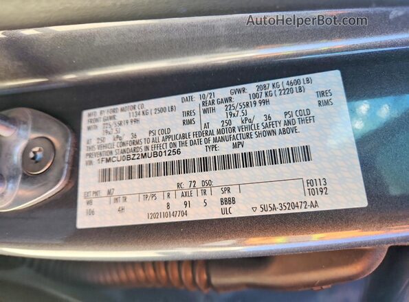 1FMCU0BZ2MUB01256 2021 FORD ESCAPE Gray VIN sticker view