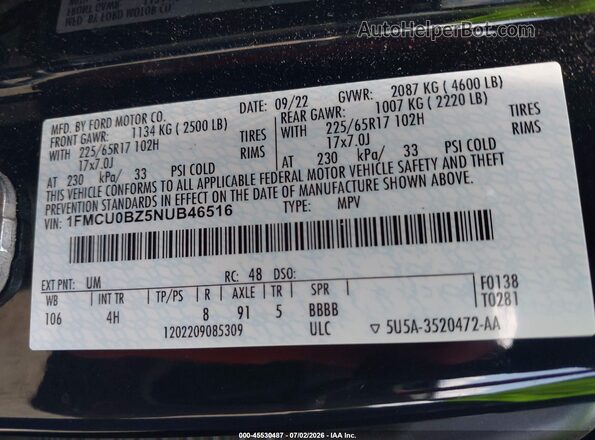 1FMCU0BZ5NUB46516 2022 FORD ESCAPE Black Engine compartment view