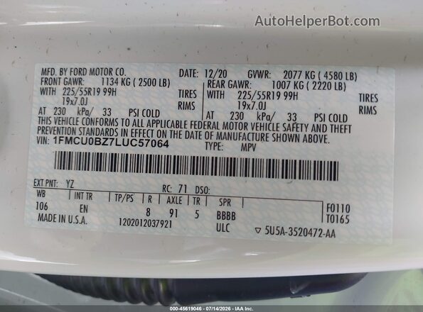 1FMCU0BZ7LUC57064 2020 FORD ESCAPE White Vista del compartimento del motor