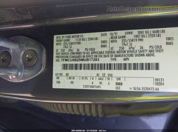 1FMCU0BZ8MUB17283 2021 FORD ESCAPE Gray Engine compartment view