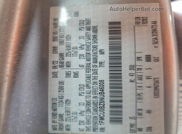 1FMCU0BZ8NUB46008 2022 FORD ESCAPE Серебряный Вид наклейки с VIN-кодом