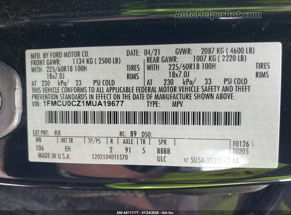 1FMCU0CZ1MUA19677 2021 FORD ESCAPE Black ძრავის განყოფილების ხედი