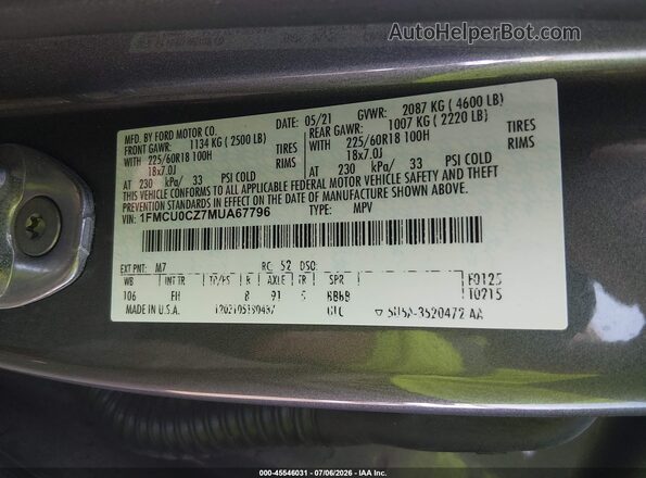 1FMCU0CZ7MUA67796 2021 FORD ESCAPE Silver Շարժիչի բաժամունքի տեսք
