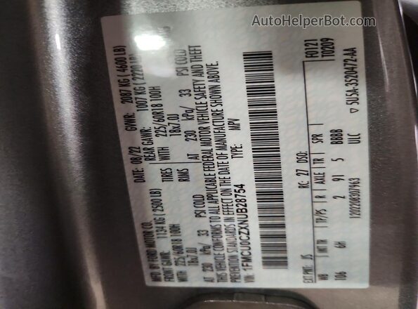 1FMCU0CZXNUB28754 2022 FORD ESCAPE Gray VIN sticker view