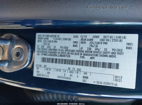 1FMCU0DZ0LUB05723 2020 FORD ESCAPE Blue Vista del compartimento del motor