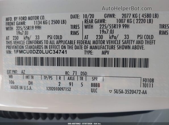1FMCU0DZ0LUC34741 2020 FORD ESCAPE White Շարժիչի բաժամունքի տեսք