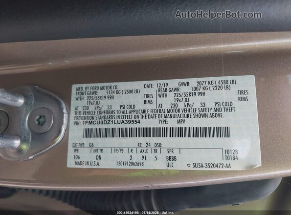 1FMCU0DZ1LUA39554 2020 FORD ESCAPE Brown Engine compartment view