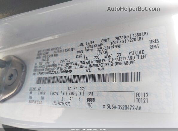 1FMCU0DZ3LUB05649 2020 FORD ESCAPE White Engine compartment view