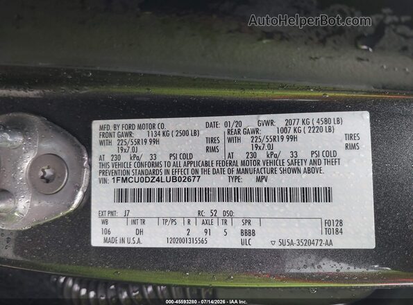 1FMCU0DZ4LUB02677 2020 FORD ESCAPE Серый Вид подкапотного пространства