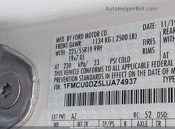 1FMCU0DZ5LUA74937 2020 FORD ESCAPE White Engine compartment view