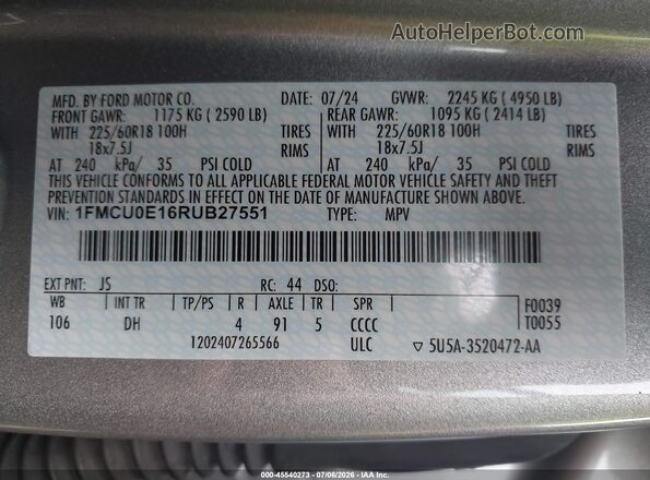 1FMCU0E16RUB27551 2024 FORD ESCAPE Silver Շարժիչի բաժամունքի տեսք