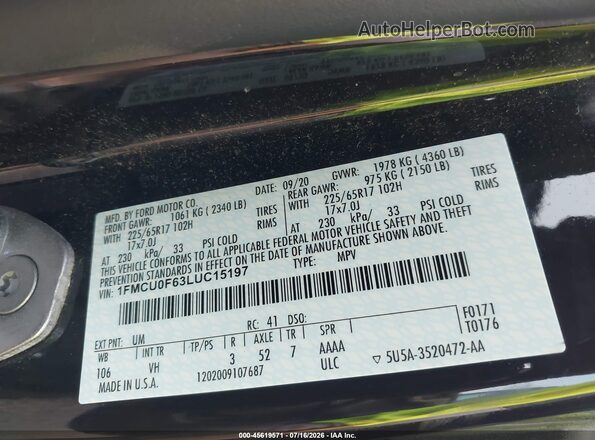 1FMCU0F63LUC15197 2020 FORD ESCAPE Черный Вид подкапотного пространства