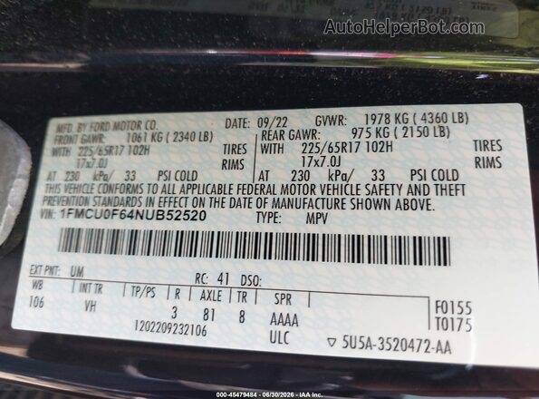 1FMCU0F64NUB52520 2022 FORD ESCAPE Black ძრავის განყოფილების ხედი