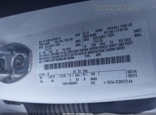 1FMCU0F65MUB19296 2021 FORD ESCAPE White Engine compartment view