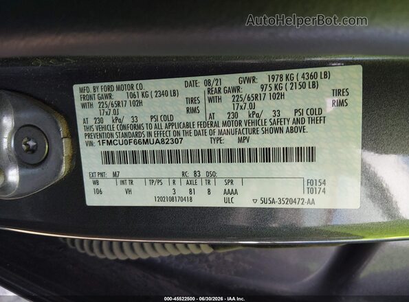 1FMCU0F66MUA82307 2021 FORD ESCAPE Gray Widok komory silnika