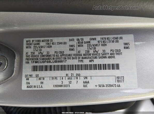 1FMCU0F68LUB98817 2020 FORD ESCAPE Silver Engine compartment view