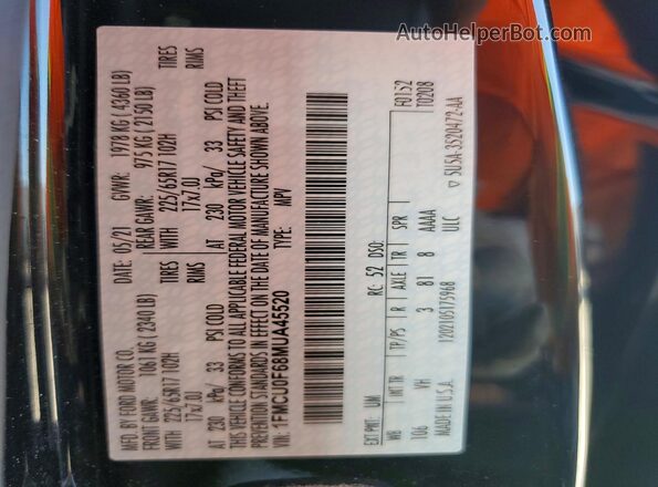 1FMCU0F68MUA45520 2021 FORD ESCAPE Черный Панорамный вид салона 360°