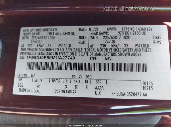1FMCU0F69MUA27740 2021 FORD ESCAPE Burgundy Engine compartment view