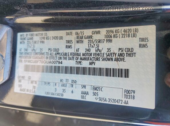 1FMCU0F70GUA00794 2016 FORD ESCAPE Black Widok naklejki z numerem VIN