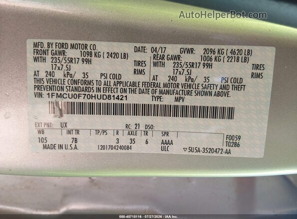 1FMCU0F70HUD81421 2017 FORD ESCAPE Silver Engine compartment view