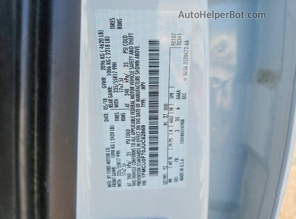 1FMCU0F70JUC62869 2018 FORD ESCAPE Белый Вид наклейки с VIN-кодом