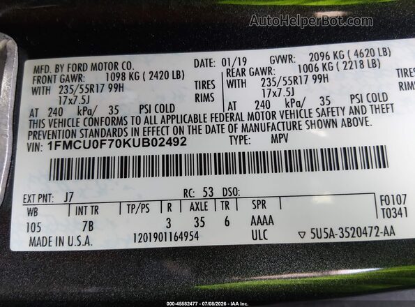 1FMCU0F70KUB02492 2019 FORD ESCAPE Серый Вид подкапотного пространства