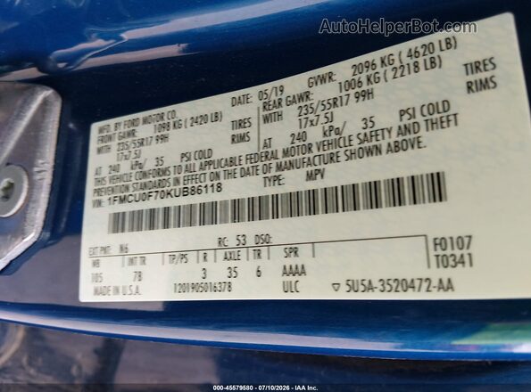 1FMCU0F70KUB86118 2019 FORD ESCAPE Blue Вид підкапотного простору
