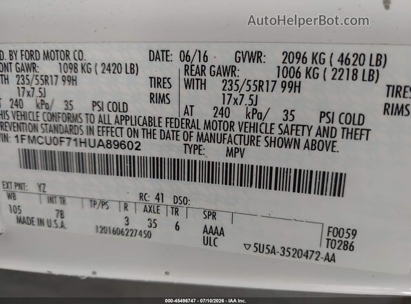 1FMCU0F71HUA89602 2017 FORD ESCAPE White Engine compartment view